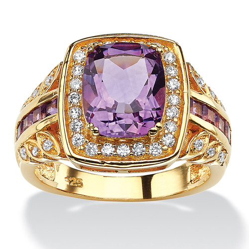 3.86 TCW Cushion-Cut Genuine Purple Amethyst and CZ Halo Ring in 14k Gold-plated Sterling Silver