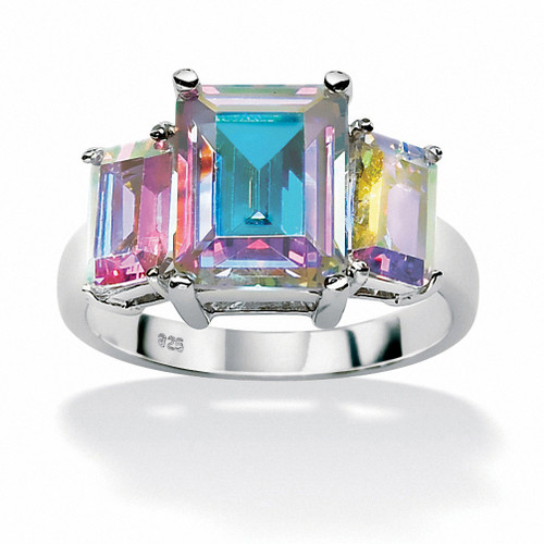 Emerald-Cut Aurora Borealis Cubic Zirconia Cocktail Ring 5.60 TCW in Sterling Silver