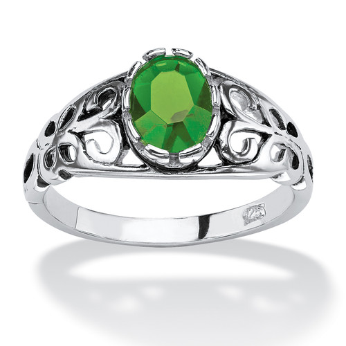 Oval-Cut Simulated Birthstone Scroll Ring in Sterling Silver