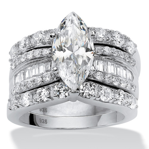4.56 TCW Marquise-Cut Cubic Zirconia 3-Piece Bridal Ring Set in Platinum-plated Sterling Silver