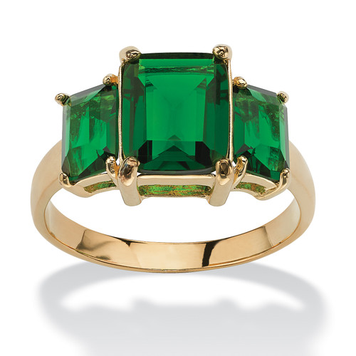 Emerald-Cut Simulated Birthstone 3-Stone Ring 18k Gold-Plated