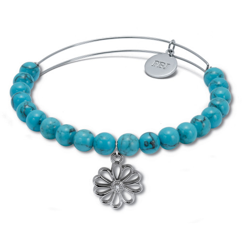 Genuine Blue Turquoise Silvertone Heart Charm Bangle, 7.5 Inches