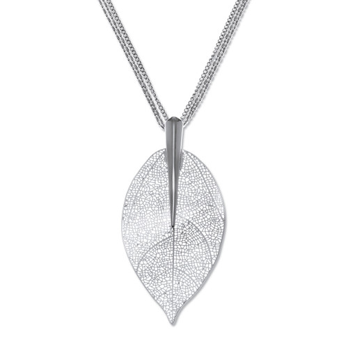 Silvertone Leaf Drop Necklace, 26 inch chain, plus 2 inch extension