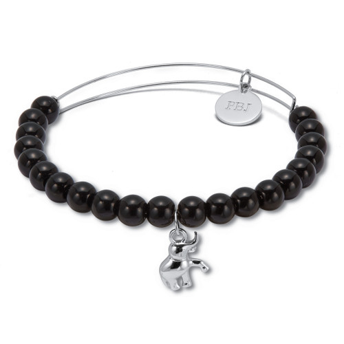 Natural Black Onyx Silvertone Elephant Charm Bangle, 7.5 Inches