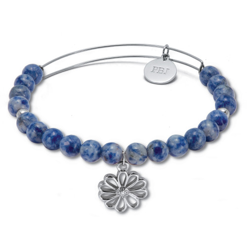 Genuine Blue Sodalite Silvertone Flower Charm Bangle, 7.5 Inches