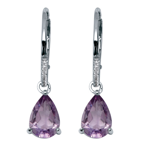 3.53 TCW Pear Cut Genuine Purple Amethyst and Round Cubic Zirconia Sterling Silver Drop Earrings, 28x8mm