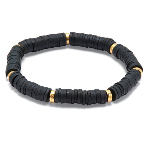 Black and Gold Disc Beaded Stackable Goldtone Stretch Bracelet, 7"