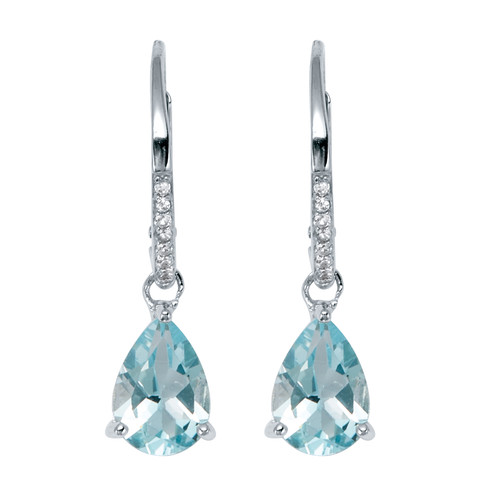 7.13 TCW Pear Cut Genuine Blue Topaz and Round Cubic Zirconia Sterling Silver Drop Earrings, 28x8mm