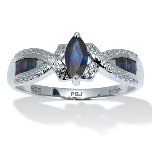 1.46 TCW Marquise Cut Genuine Blue Sapphire Platinum-Plated Sterling Silver Ring