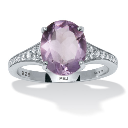3.40 TCW Oval Cut Genuine Purple Amethyst and Round Cubic Zirconia Sterling Silver Ring