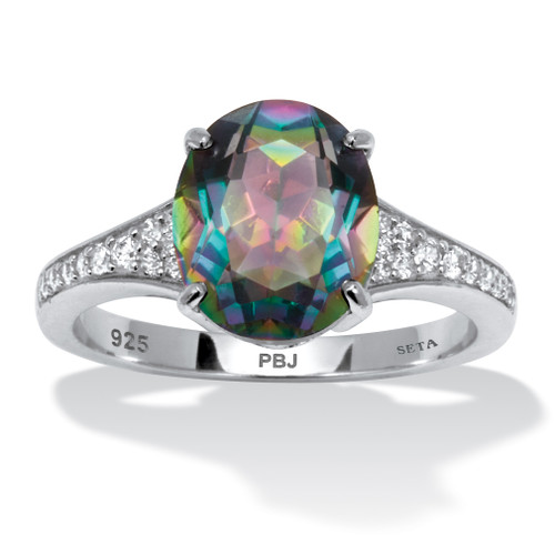 4.70 TCW Oval Cut Genuine Mystic Fire Topaz and Cubic Zirconia Sterling Silver Ring