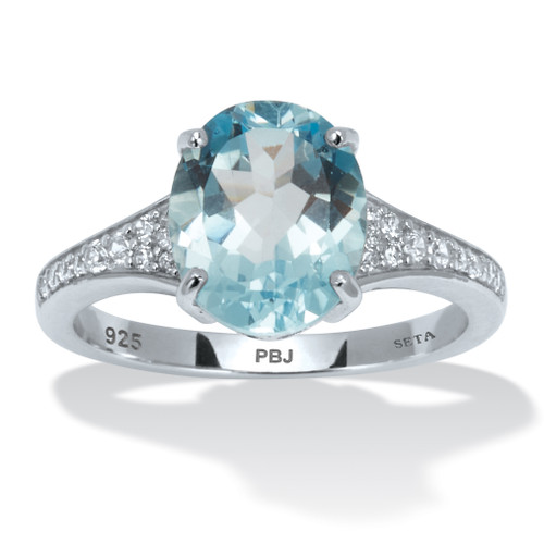 4.70 TCW Oval Cut Genuine Blue Topaz and Round Cubic Zirconia Sterling Silver Ring