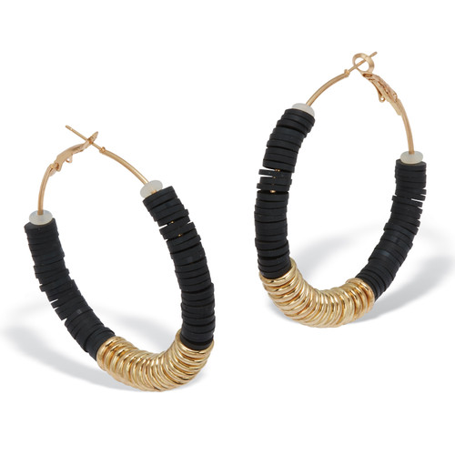 Black Clay Bead Goldtone Hoop Earrings, 55mm