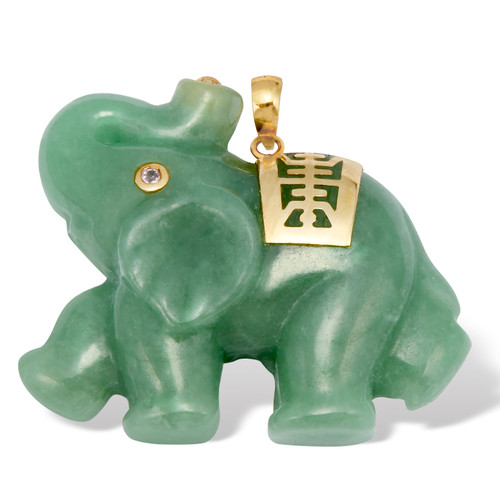 Green Jade Pink Genuine Sapphire Accent 14k Yellow Gold Lucky Elephant Charm Pendant