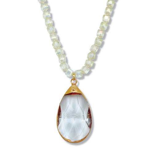 Crystal Pendant White Beaded Goldtone Drop Necklace 32-inch