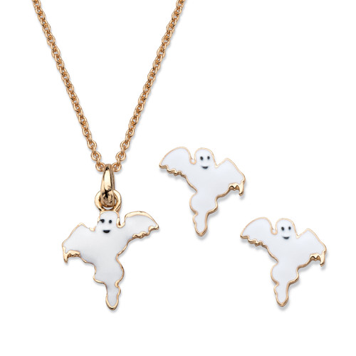Halloween 2-Piece Set Ghost Pendant Necklace and Earrings in White Enamel and Goldtone 16"-18"