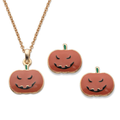 Halloween 2-Piece Set Pumpkin Pendant Necklace and Earrings in Goldtone 16"-18"
