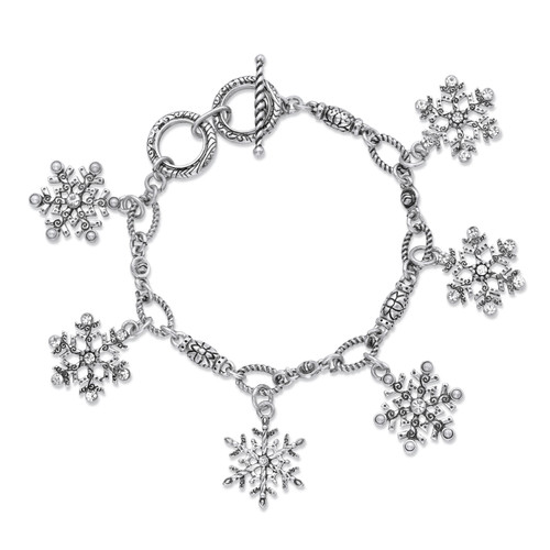 Holiday Crystal Snowflake Charm Toggle Bracelet in Silvertone 7"