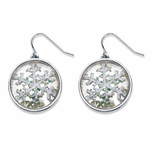 Round Crystal Holiday Snowflake Drop Earrings in Silvertone 1"