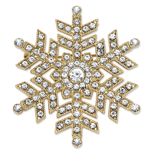 Round Crystal Holiday Snowflake Pin in Goldtone 1.75"