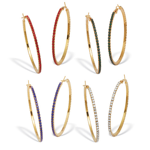 4 Pair Colorful Crystal Goldtone Hoop Earrings (2 3/10")
