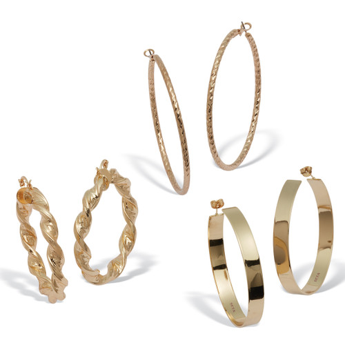 3 Pair Goldtone Rope and Twisted Hoop Earrings (2", 2 3/10" and 2 1/2")