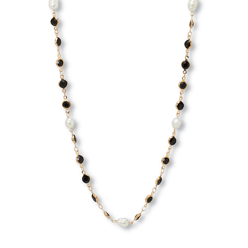 Black Crystal and Pearl Yellow Gold Ion-Plated Stainless Steel Long Necklace, 40"