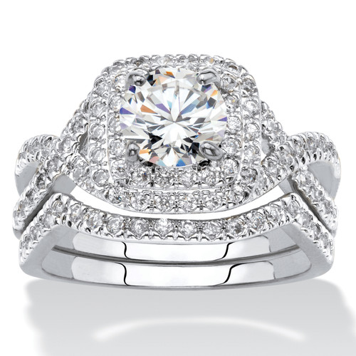 2.20 TCW Round Cubic Zirconia Two-Piece Double Halo Bridal Ring Set in Platinum-Plated   