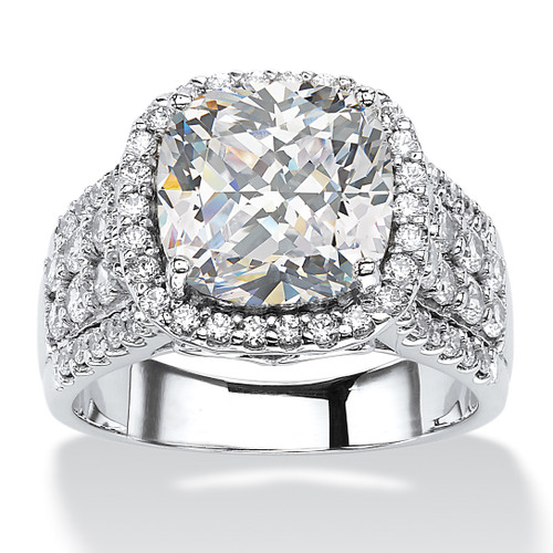 3.68 TCW Cushion-Cut and Pave Cubic Zirconia Halo Engagement Ring in Platinum-Plated   