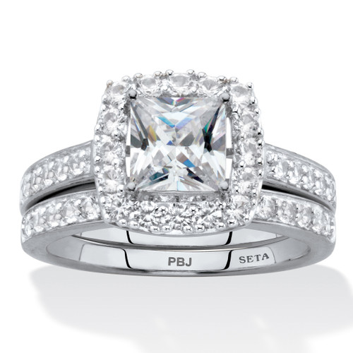 Princess-Cut Created White Sapphire 2-Piece Halo Wedding Ring Set 2.60 TCW in Platinum-Plated   