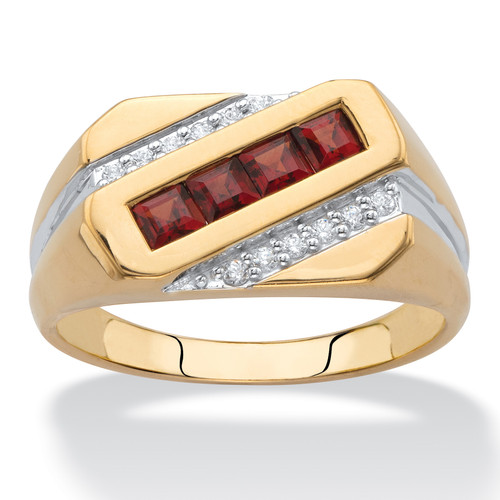 Square-Cut Genuine Red Garnet and Diamond Diagonal Men's Ring.96 TCW in 18k Yellow Gold-plated  