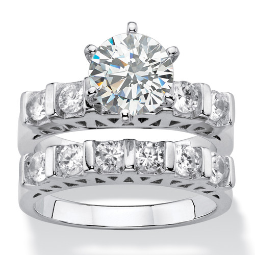 3 TCW Round White Cubic Zirconia 2-Piece Bar-Set Bridal Wedding Ring Set in Platinum-plated 
