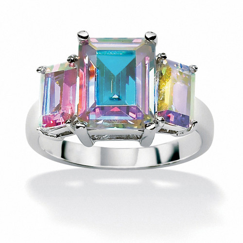 Emerald-Cut Aurora Borealis Cubic Zirconia Cocktail Ring 5.60 TCW in Silvertone