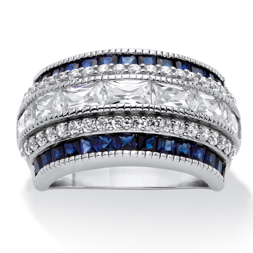 Emerald-Cut Cubic Zirconia and Simulated Blue Sapphire Ring 6.48 TCW in Platinum-Plated   