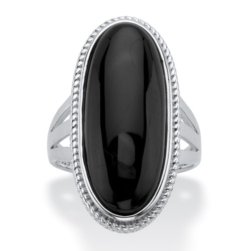 Genuine Black Onyx Oval Cabochon Ring in Silvertone 