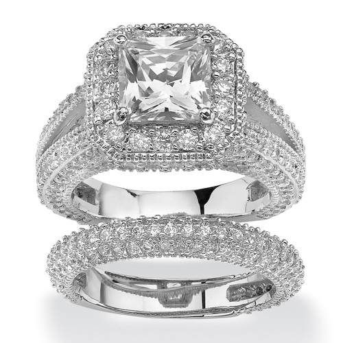 5.08 TCW Princess-Cut Cubic Zirconia Two-Piece Halo Bridal Set in Platinum-Plated   