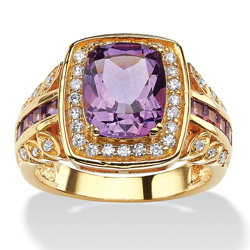 3.83 TCW Cushion-Cut Genuine Purple Amethyst and CZ Halo Ring in 14k Gold-plated 