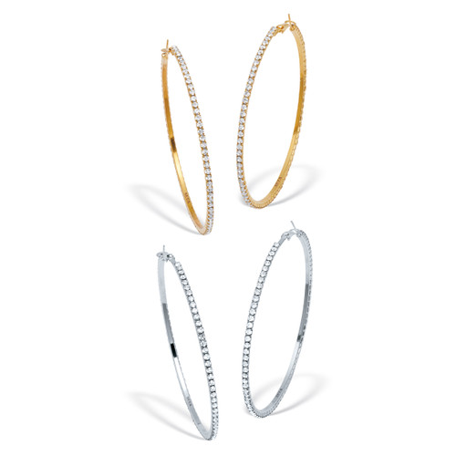 2 Pair Crystal Hoop Goldtone and Silvertone Earrings (3")