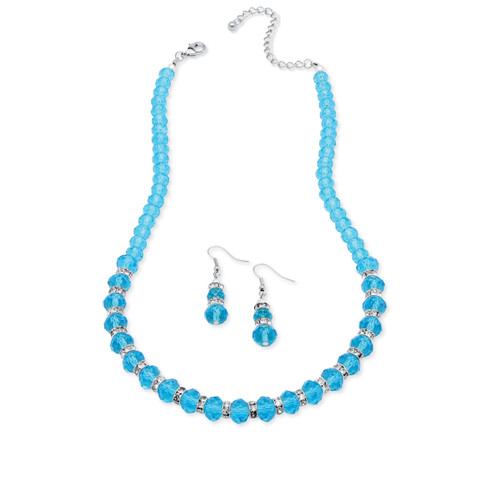 Beaded Simulated Birthstone Necklace and Earrings Set in Silvertone