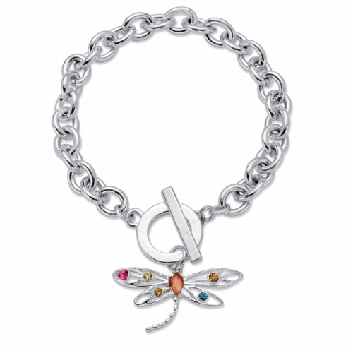 Multi-Color Crystal Dragonfly Charm Rolo-Link Toggle Bracelet in Silvertone 8" 