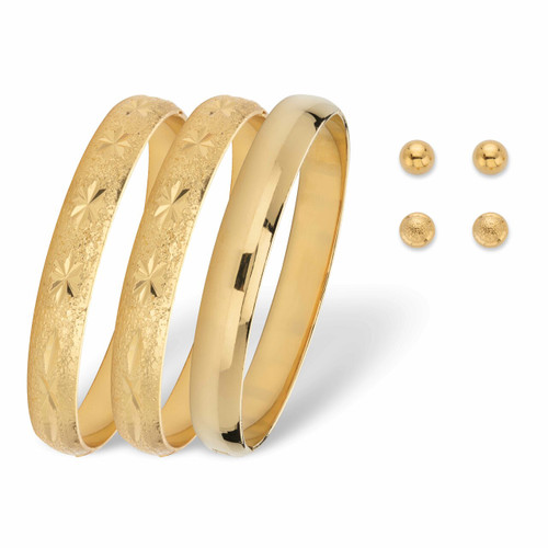 Diamond-Cut and Polished Hinged Bangle Bracelet and Stud Earring 5-Piece Set in Goldtone (6mm) 7.5"