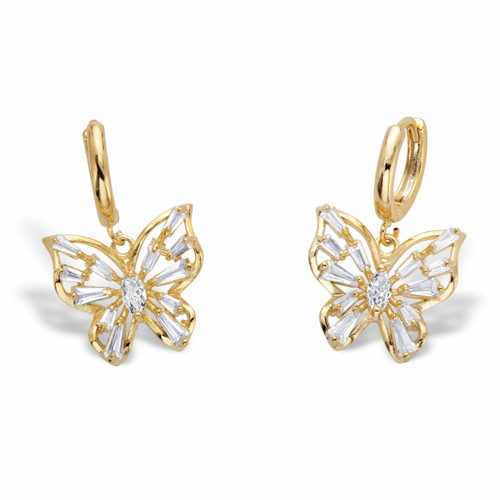 Marquise-Cut and Baguette-Cut Crystal Butterfly Huggie-Hoop Charm Earrings in Goldtone 1"