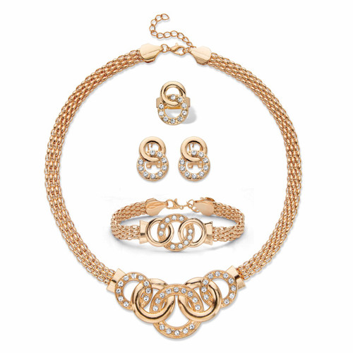 Round Crystal Goldtone Circle-Link Bismark Necklace, Earring and Bracelet Set BONUS: Buy the Set, Get the Adjustable Ring FREE! 17"-19"