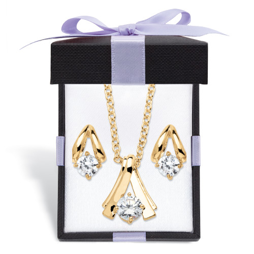 Round Simulated Crystal Solitaire Necklace and Earring Set in Goldtone with FREE Gift Box 18"