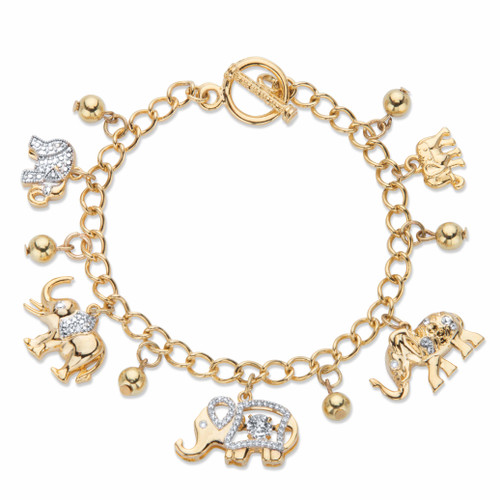 Round Crystal Elephant Charm Beaded Toggle Bracelet in Goldtone 7.5"