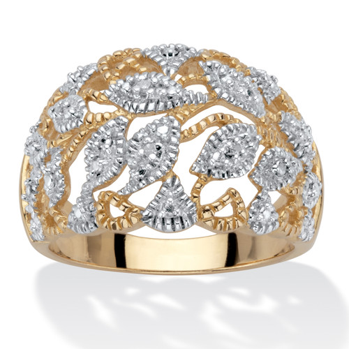 Round Diamond Accent Two-Tone Openwork Dome Leaf Ring 18k Gold-Plated