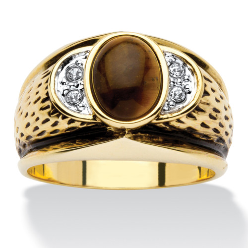 Men's Oval-Shaped Genuine Tiger's Eye Crystal Accent Yellow Gold-Plated Antique-Finish Ring