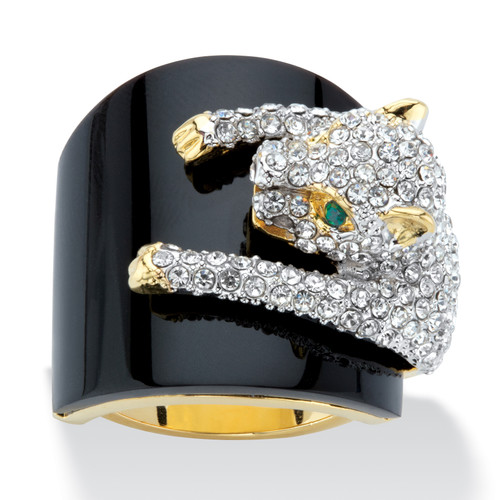 Genuine Black Onyx and Round Crystal Leopard Cocktail Ring with Green Crystal Accents Gold-Plated