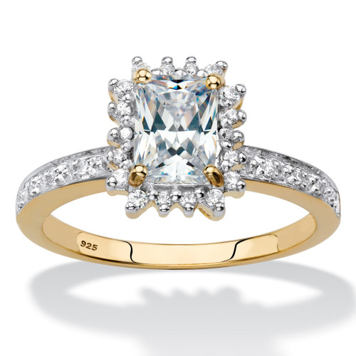 Emerald-Cut Created White Sapphire and Diamond Accent Halo Engagement Ring 1.60 TCW in 18k Gold-plated Sterling Silver