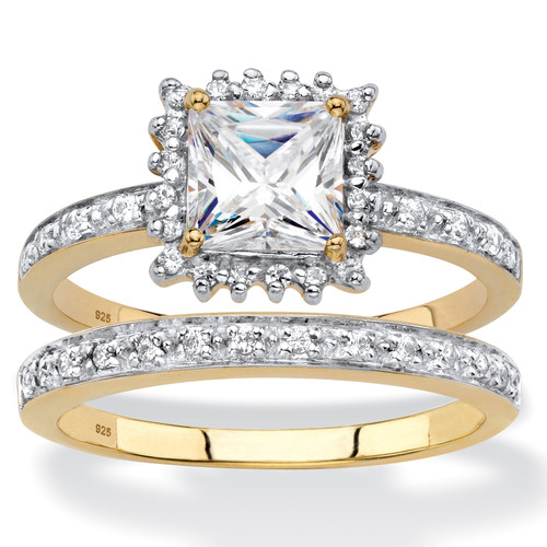 Princess-Cut Created White Sapphire and Diamond 2-Piece Halo Wedding Ring Set 1.53 TCW in 18k Gold over Sterling Silver